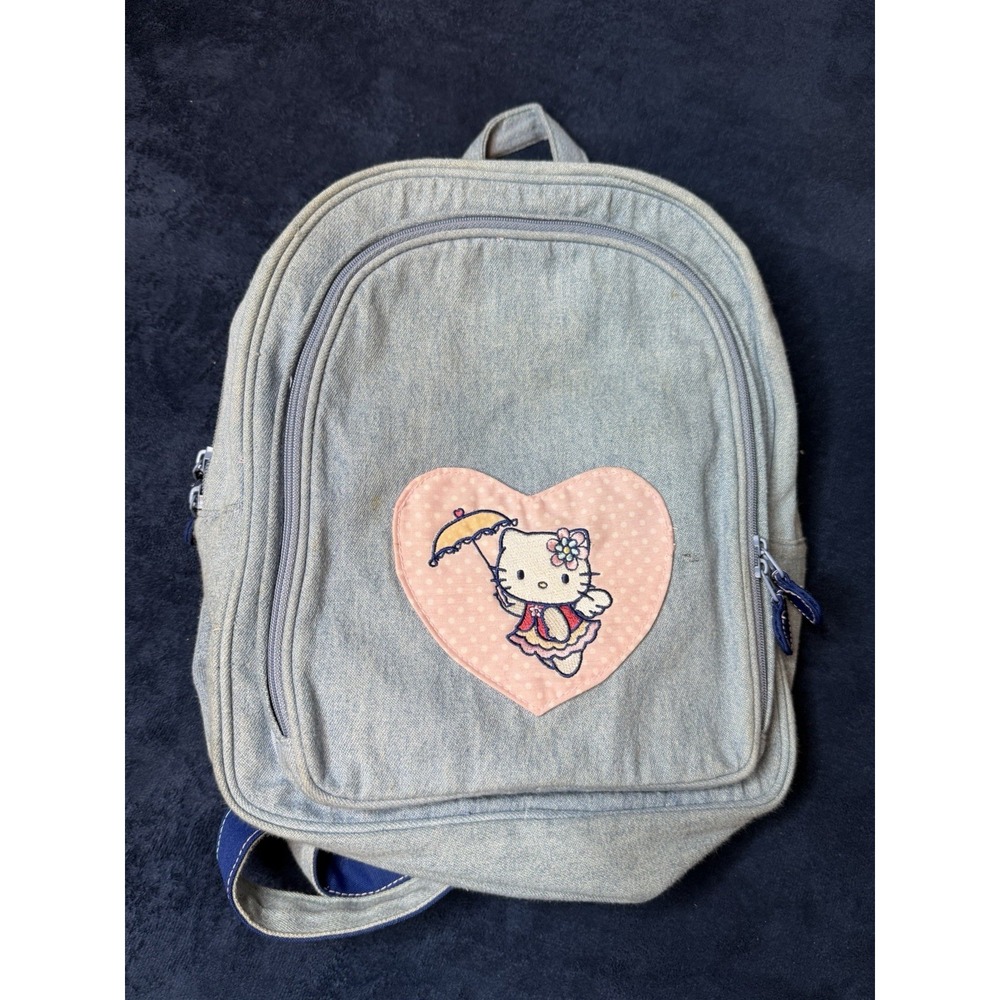 Vtg 2005 Hello Kitty Sanrio Mini Denim Backpack Blue Y2K Heart Patch Bag